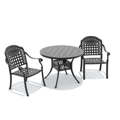 Ensemble de salle à manger bistro 3 pièces en fonte d'aluminium, table ronde de 100 cm et 2 chaises empilables avec coussins bleus