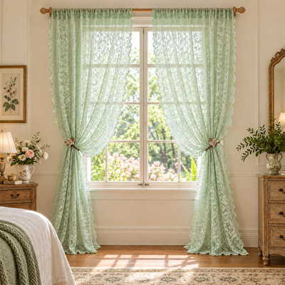 Vintage Mint Green Floral Lace Sheer Curtains, Light Filtering Rod Pocket Panels with Scalloped Edges and Pearl Bead Accents for Bedroom & Living Room