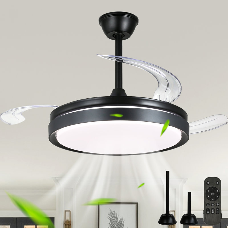 42 Inch Retractable Ceiling Fan With Lights, Modern Silent DC Motor 6 Speeds Chandelier Ceiling Fan For Bedroom, Black, Clear