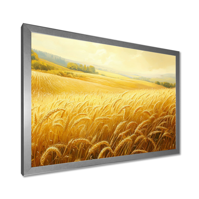 «Countryside Golden Fields In Summer Light II», art mural campagne, H 24 po x l 32 po, Cadre simple, Argent argent