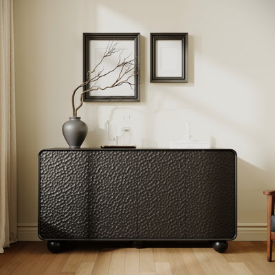 Buffet de salle à manger 59 po, console de télévision avec rangement, coins arrondis lisses, portes texturées en nid d'abeille distinctives, pieds en forme de sphère, conception élégante du panneau avant, concept géométrique moderne, noir