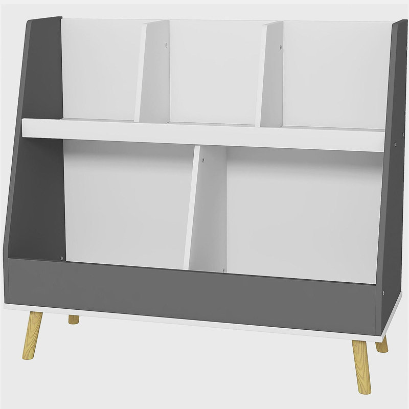 Étagère à jouets pour bibliothèque, tablettes de rangement pour jouets à deux niveaux pour enfants avec 5 compartiments, avec dispositif anti-basculement, pieds en pin
