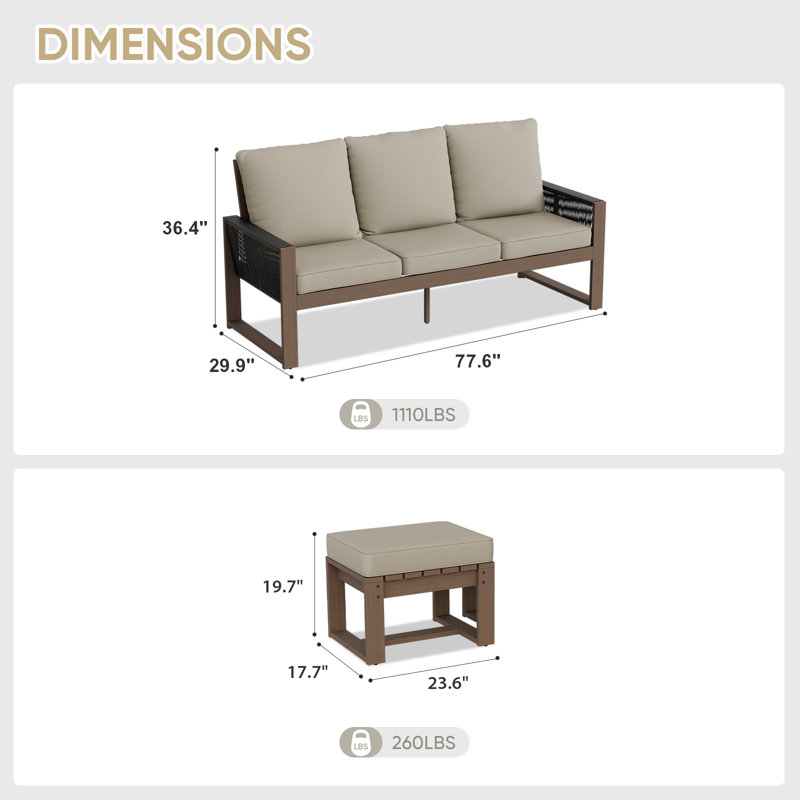 Ensemble de conversation d'extérieur 3 pièces 3 pièces avec canapé en cèdre brun et osier gris avec coussins en oléfine et repose-pieds
