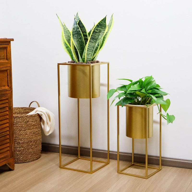 Morden Metal Craft Planters with Stand Set of 2 for Indoor Otdoor, Gold