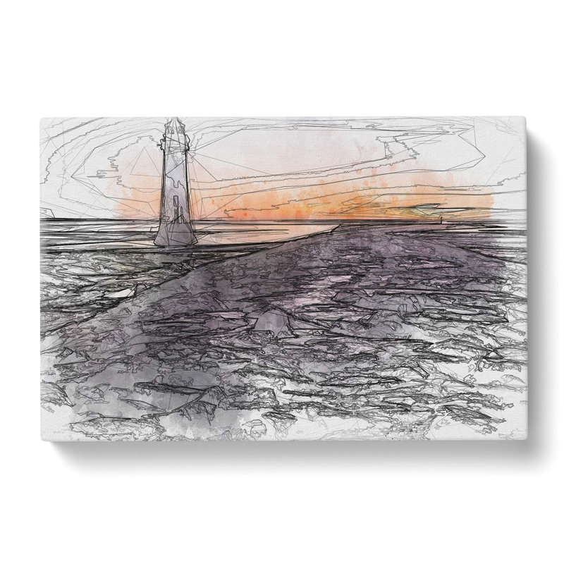 Lighthouse With Orange Sunset In Abstract - Wrapped Canvas Print, 60cm H x 91cm W x 3cm D
