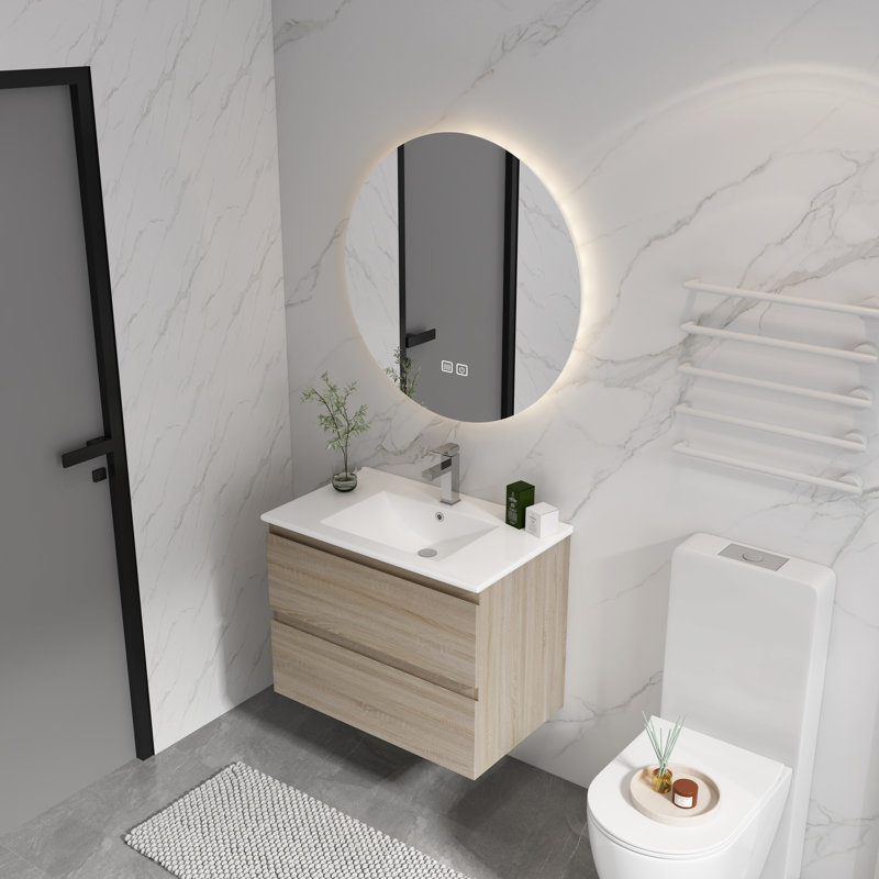 Meuble-lavabo en chêne 24 po avec lavabo en céramique 24 po 2 tiroirs, H 21,07 po x l 23,37 po x P 18,85 po, Blanc / Chêne