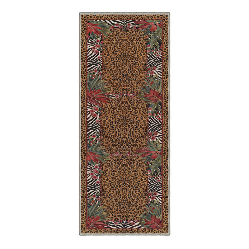 Alissa Aura Animal Print Floral Machine Washable Brown / Black / Green / Red Indoor Area Rug with Non-Slip Backing