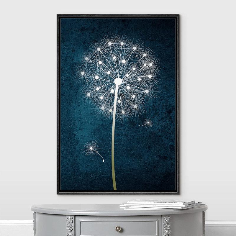 Pissenlit blanc sur fond bleu, illustrations de plantes, minimalisme, décor de salon rustique, Noir, H 24 po x l 16 po