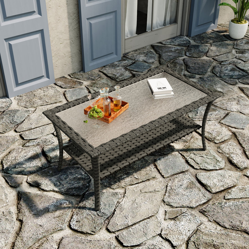 Rectangular Glass Outdoor with Umbrella Hole Coffee Table - 100.1 cm W 55.1 cm D