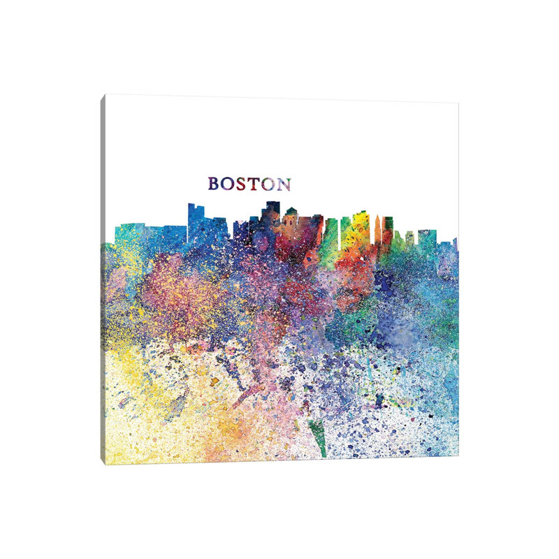 Boston Massachusetts Skyline Silhouette Impressionistic Splash 1 Piece Wrapped Canvas Wall Art