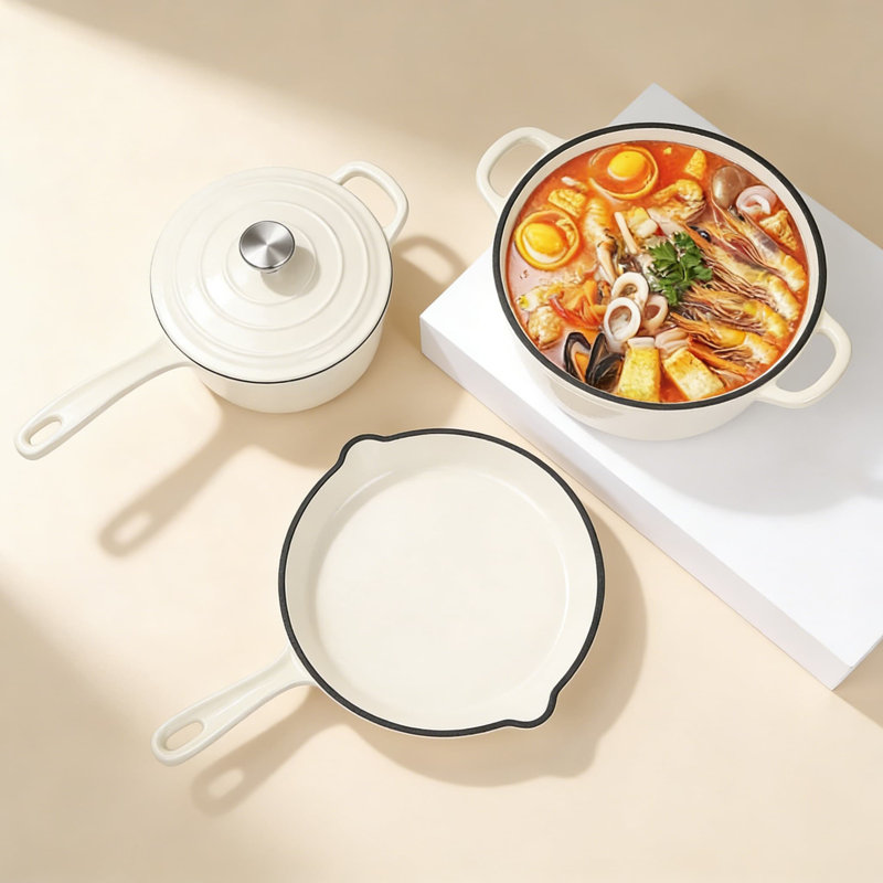Batterie de cuisine en fonte émaillée, casseroles et poêles antiadhésives 7 pièces avec couvercles, comprenant une cocotte, une poêle et une casserole pour un chauffage uniforme sur toutes les cuisinières et la cuisson au four
