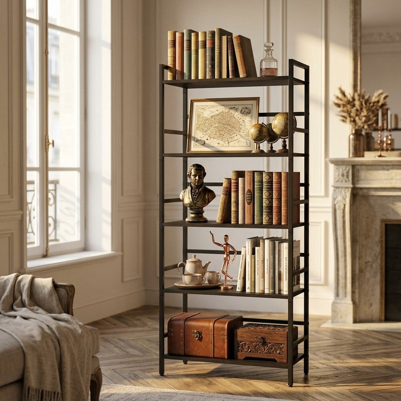 5-Tier Industrial Black Bookcase with Open Metal & Wood Shelves