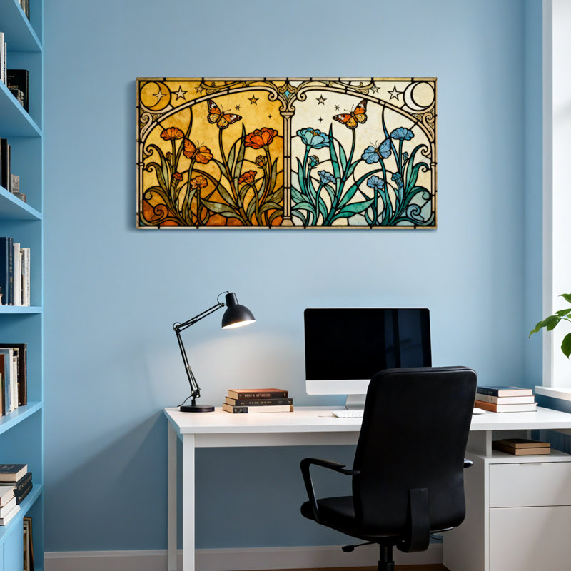 Illustration de mode papillon en vitrail floral, H 20 po x l 40 po