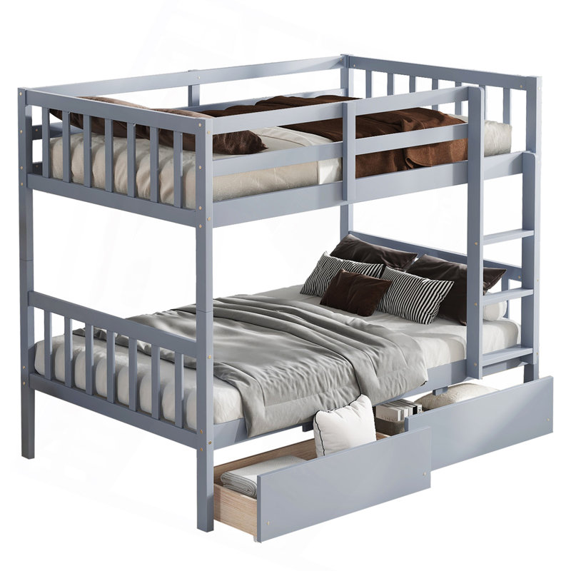 Lit superposé simple en bois d'hévéa simple avec 2 tiroirs, convertible en 2 lits simples, lit superposé simple avec échelle et garde-corps de sécurité