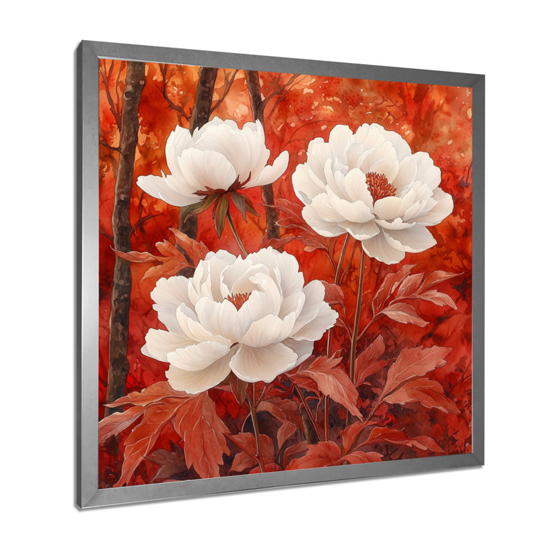 Pivoines et érable rouge - art mural pivoines pour le salon, Reproduction encadrée d'une seule photo, Argent argent