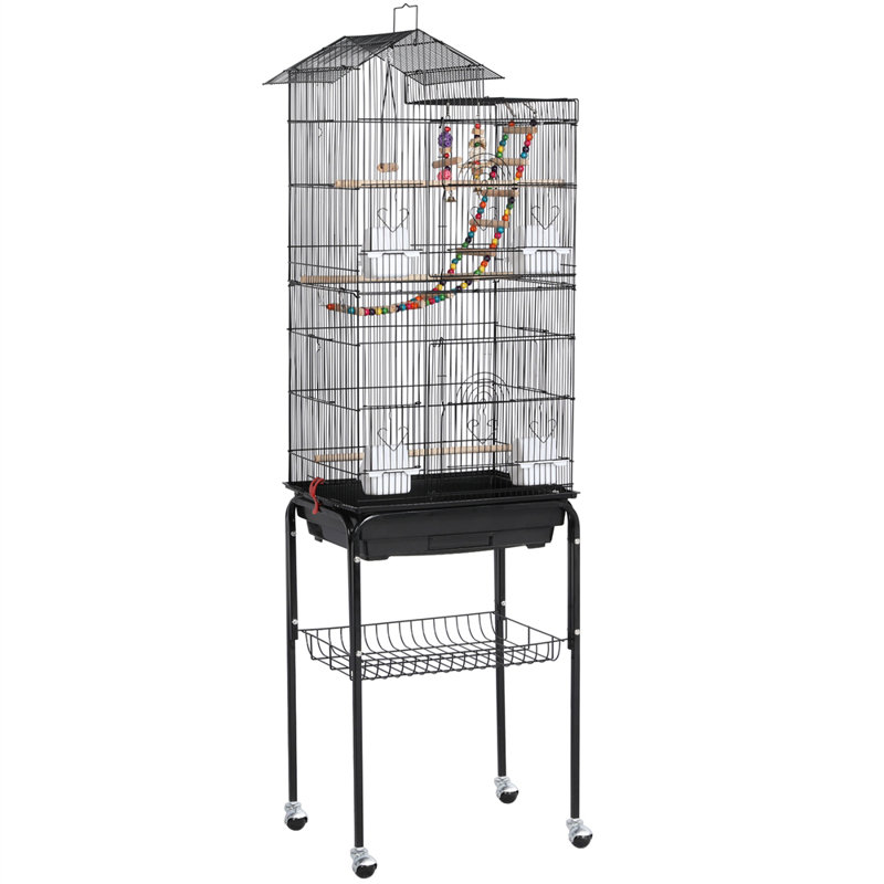 158.5cm Iron Pointed Top Floor Bird Cage with Wheels, Black