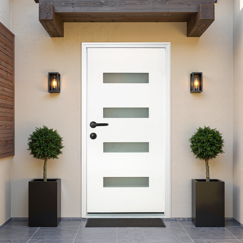 Porte d'entrée avant en fibre de verre blanc Royal 36 po x 80 po avec verre givré 4-Lite Royal - Droite / intérieur, Blanc