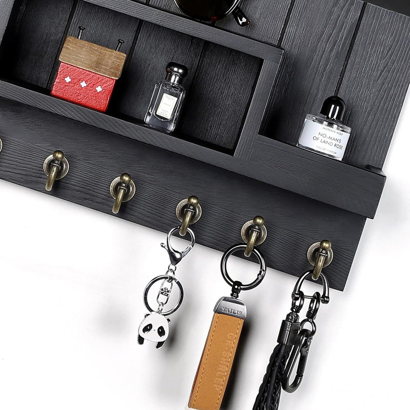 Porte-clés pour mur, organisateur de courrier mural, porte-courrier et porte-clés avec 6 crochets à clés pour la décoration intérieure, bois noir