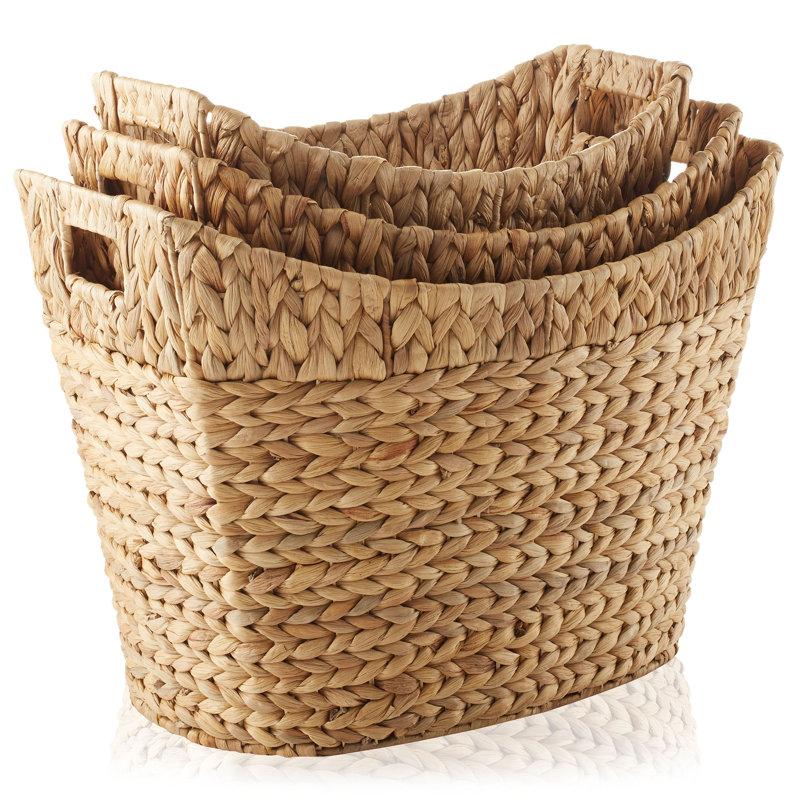 Casafield Oval Storage Baskets with Handles (Set of 3), Woven Water Hyacinth Laundry Baskets