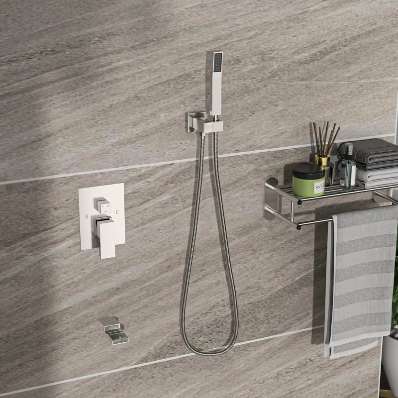 12" Ceiling Mount Shower System In Brushed Nickel - Square With Waterfall Tub Spout 3 Function, Rainfall & Handheld Valve Straightforward To Install And Sanitize Easy Up Clean