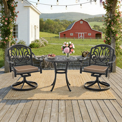 Ensemble bistro 3 pièces en fonte d'aluminium, table ronde 26,77 po avec trou pour parasol et 2 chaises pivotantes avec coussins bruns