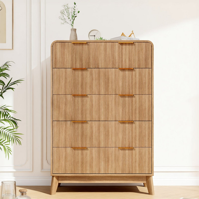 Glorine Fluted Design 5-Drawers Dresser Organizer, Wood Tall Chest of Drawers