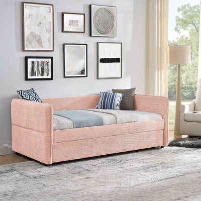 Lit de jour avec lit gigogne escamotable simple, canapé-lit capitonné, tissu doux bouclé, rose (83 po x 43 po x 29,5 po)