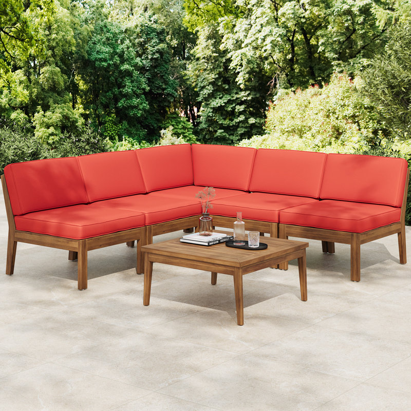 Canapé modulaire à 5 places en bois avec coussins hydrofuges et conception à lattes pour zone d'activité extérieure Rouge