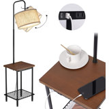 Industrial Table Floor Lamp With Usb Type-C Charging Port & Power Outlet, Solid Wood End Table Lamp With Led Bulb, Adjustable Linen Shade, 3-Tier Shelf For Living Room, Bedroom