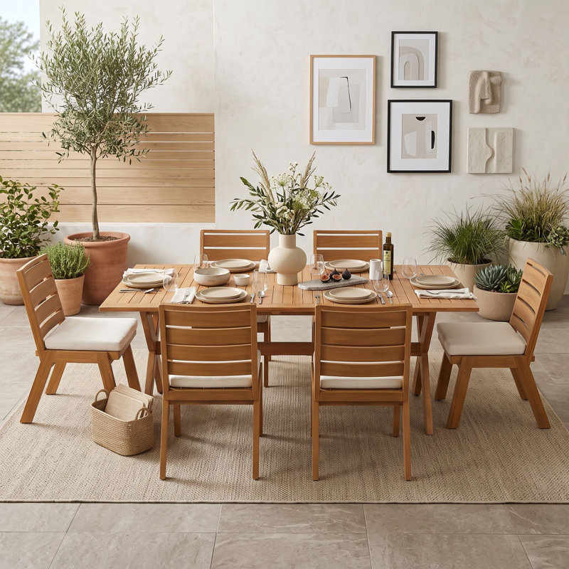 Ensemble de salle à manger d'extérieur 7 pièces en bois d'acacia massif avec table extensible finition teck et 6 chaises beiges rembourrées, idéal pour les repas sur la terrasse, dans le jardin, la cour, le patio, la pelouse et au bord de la piscine.