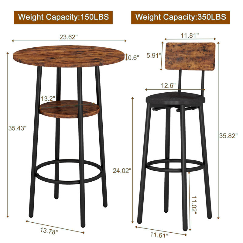 Rustic Brown Round Bistro Bar Table Set with Black Iron Frame