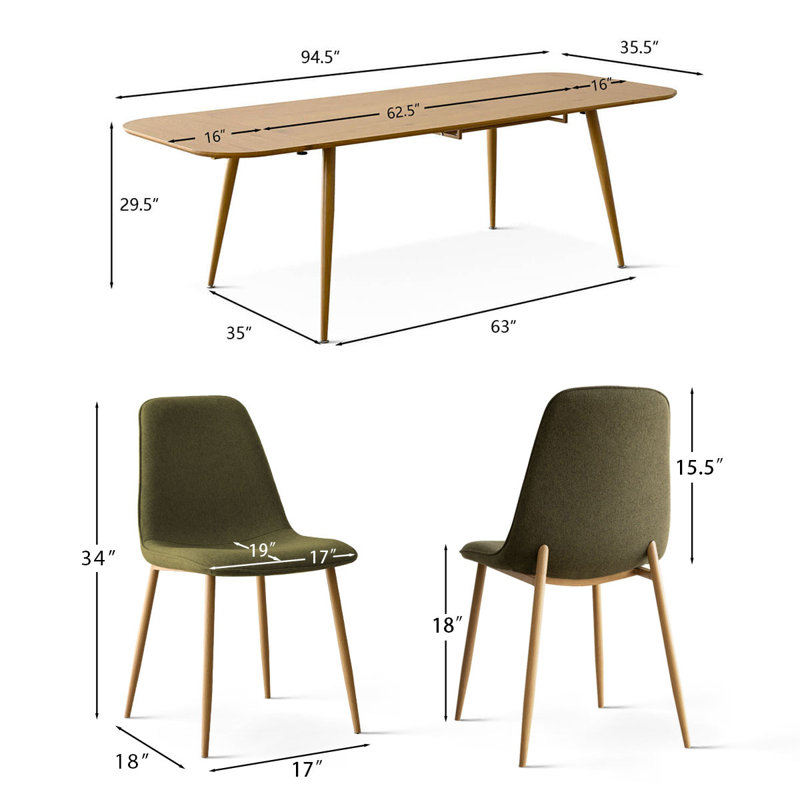  Atkins 8 - Person Dining Table Sets With Expandable Table & 8 Upholstered Fabric Chairs, Green