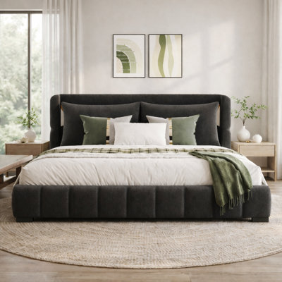 Upholstered Platform Bed With Pillows, Low-Profile, Velvet Fabric With Stitching Detail, Contemporary, Bedroom