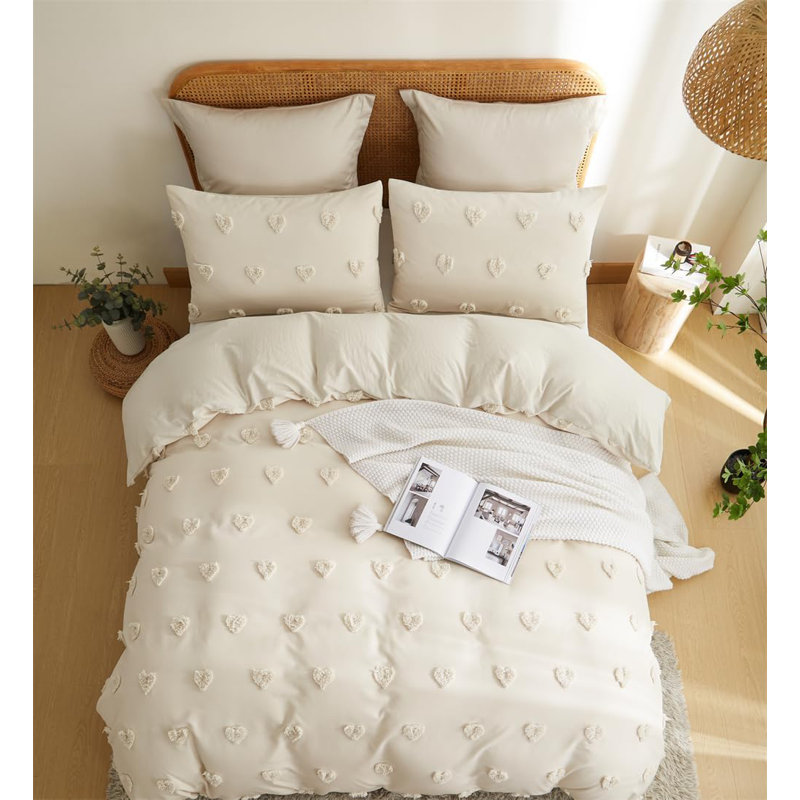  Nayoroom Tufted Heart Dot Duvet Cover Boho Ultra Soft Jacquard Embroidery Shabby Elegance Washed Microfiber Bedding Set