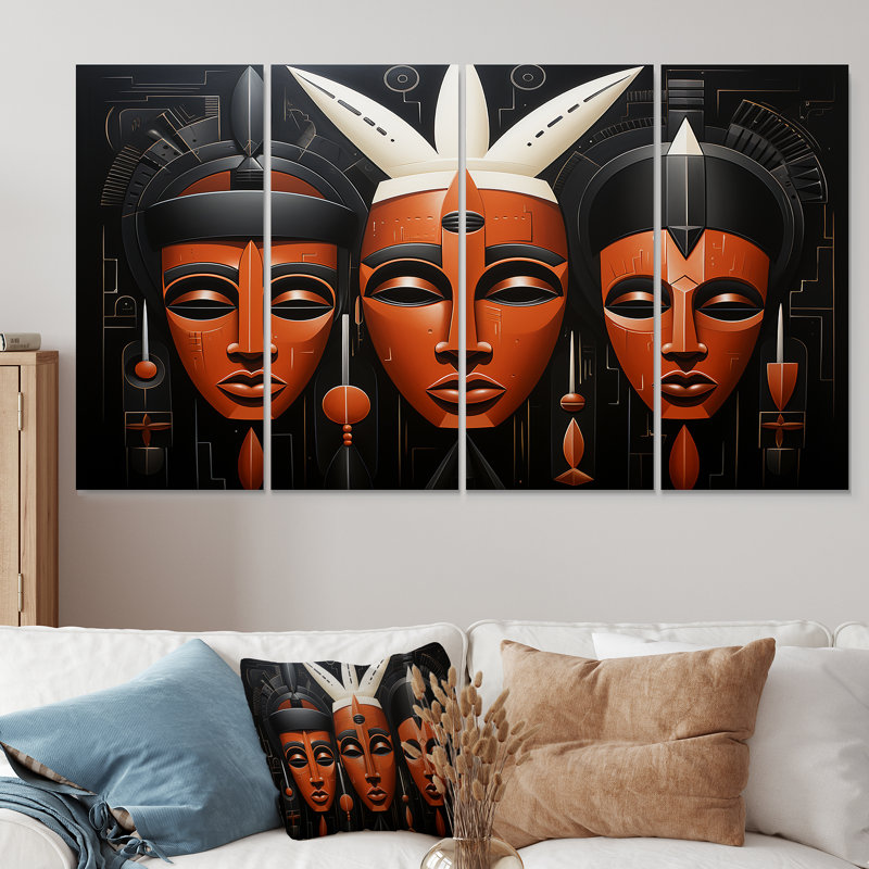 Black And Orange African Kuba Patterns Mask - African Mask 4 Piece Wall Art Set, 28" H x 48" W