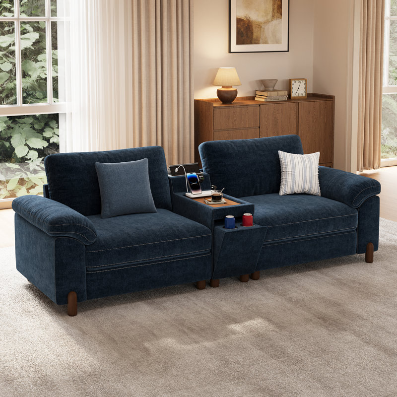 Causeuse 35 po avec console de chargement polyvalente, porte-gobelets et housses lavables, chenille bleu marine, Marine