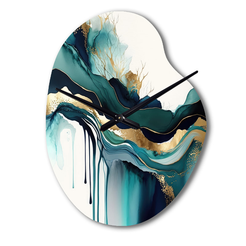Horloge murale sarcelle et or abstraite Expression IV - encre liquide asymétrique en métal, horloge turquoise, Petit