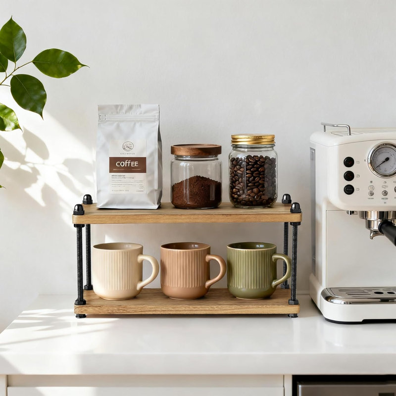 Accessoires de bar à café à 2 niveaux | Rangement de comptoir peu encombrant, présentoir en bois rustique, support à matcha, tasses à thé, nature