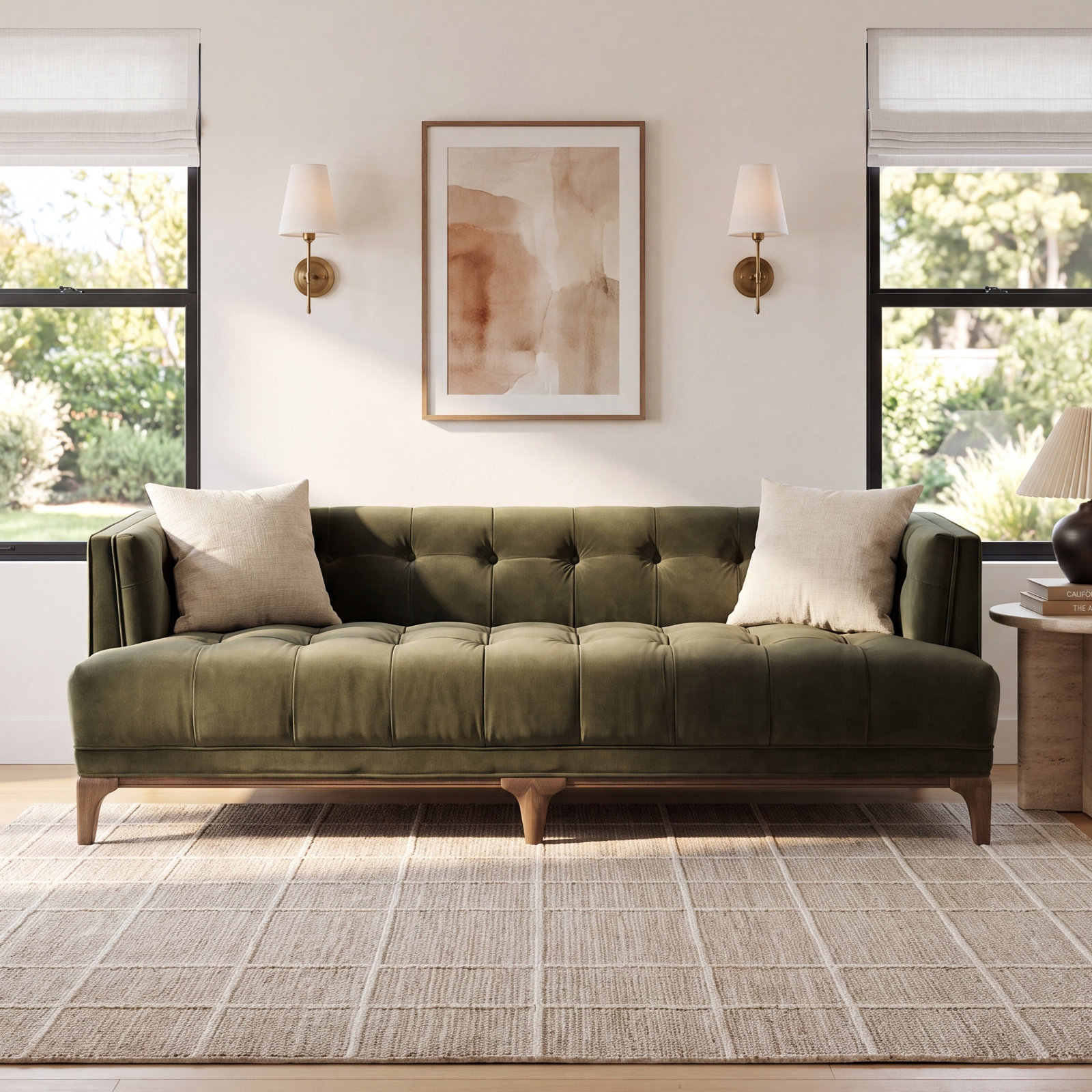 Bari 91.25'' Upholstered Sofa, Sapphire Olive Velvet, Brown