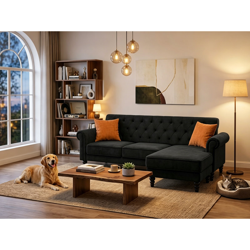 Petoskey 3 Seater Velvet Sofa & Chaise, Black