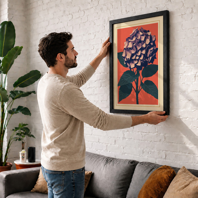 Geometric Hydrangea Botanical - Framed Print, A2 - 59.4 x 42.0 cm, White