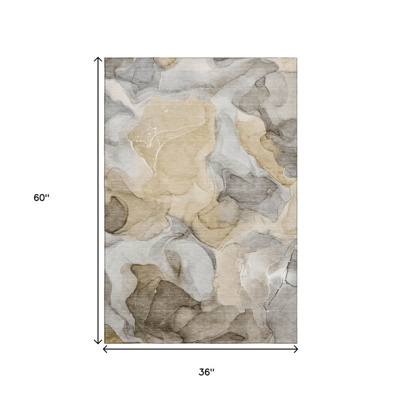 3' X 5' Brown Gray And Ivory Abstract Washable Area Rug With UV Protection