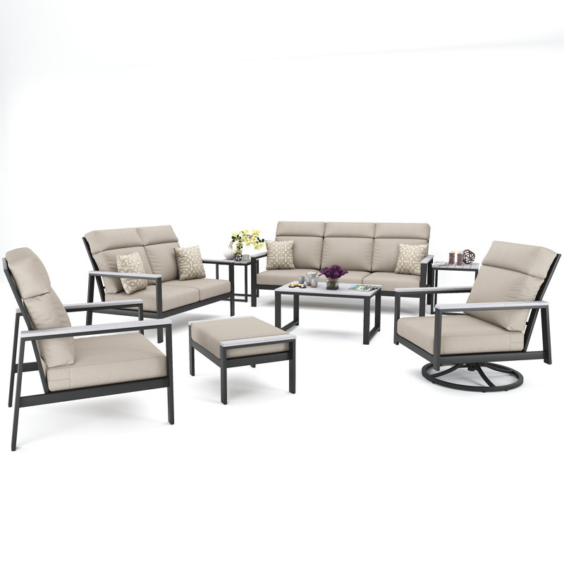 Chesler 7 Person Seating Group With Sunbrella Cushions, Cast Silver, Dark Gray/White