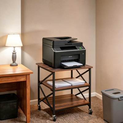 Grand support d'imprimante avec sac de rangement, chariot d'imprimante roulant avec prise de courant, tablette de rangement réglable à 3 niveaux, table d'imprimante de 23,6 po x 23,6 po pour le bureau personnel