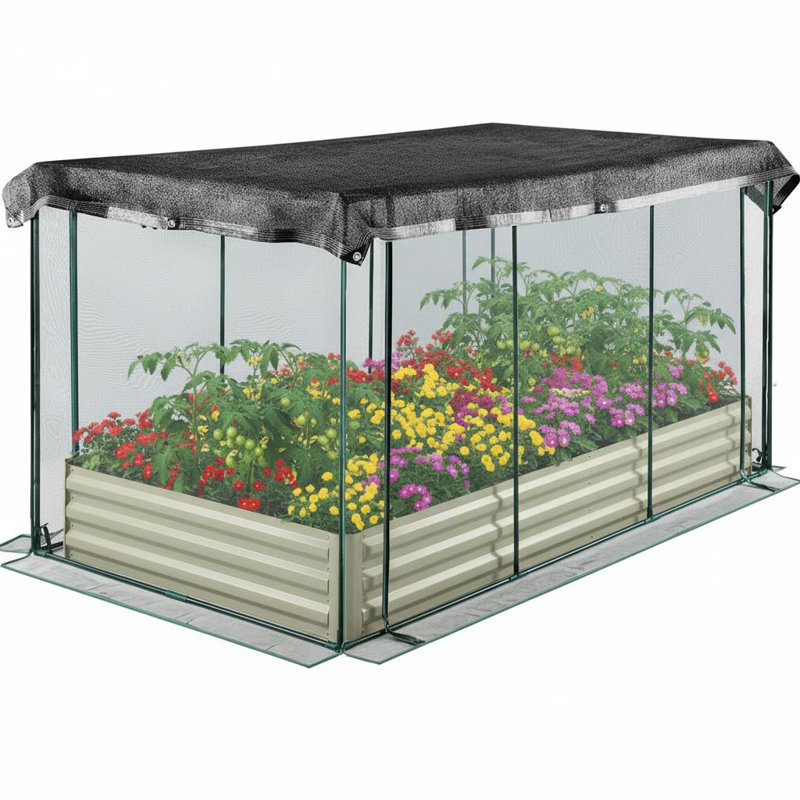 Galvanized Steel Raised Garden Bed with Protective Net & Sun Shade,Bottomless Design,Metal Planter Boxes with Lid for Vegetables, Flowers, Herbs