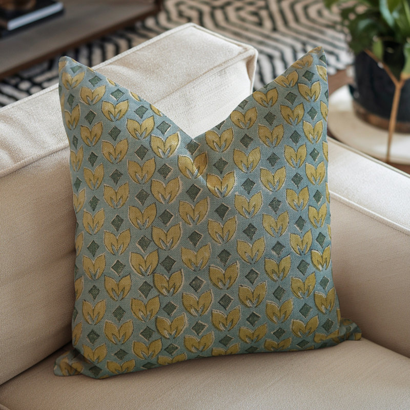 Housses d'oreiller à imprimé bloc Fab Fabine, mélange de lin floral, (titre), H 12 po x l 20 po, Bleu, Forme rectangulaire