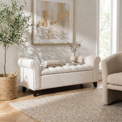Fabric Upholstered Storage Bench with Rolled Arms and Lift-Top Lid