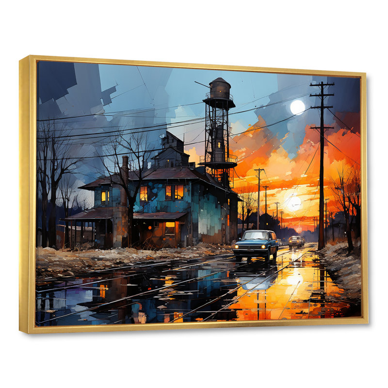 Cobalt contraste usine, impression sur toile, Cadre flottant doré, H 12 po x l 20 po x P 1 po