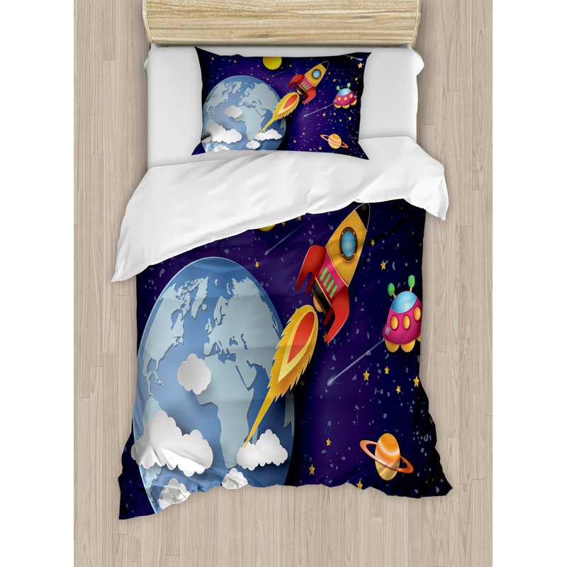 Ensemble de housse de couette à imprimé à motif extérieur rocket sur système planétaire avec terre étoiles ufo saturn sun galaxy