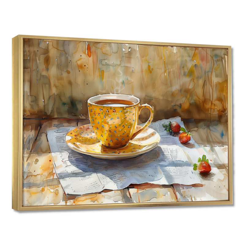 «White Beige Cozy Cup Of Coffee II», impression d'art mural café, Cadre flottant doré, H 16 po x l 32 po